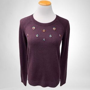 NWOT Loft Pullover Crewneck Sweater Embellished Jewel Front